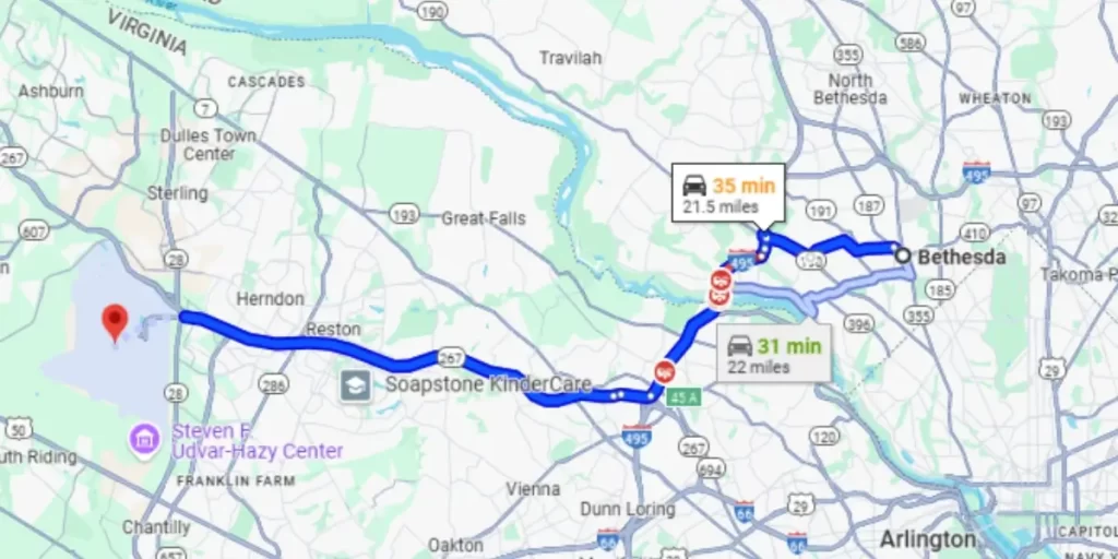 Travel Time and Distance From Dulles Airport to Bethesda 